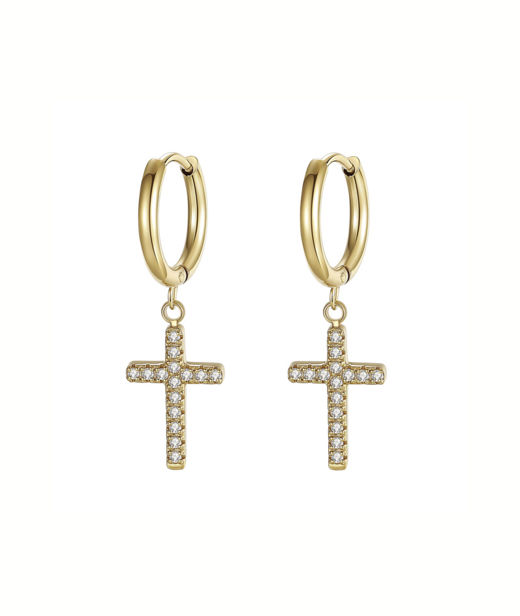 Stålörhänge Cross Crystal Hoops gold