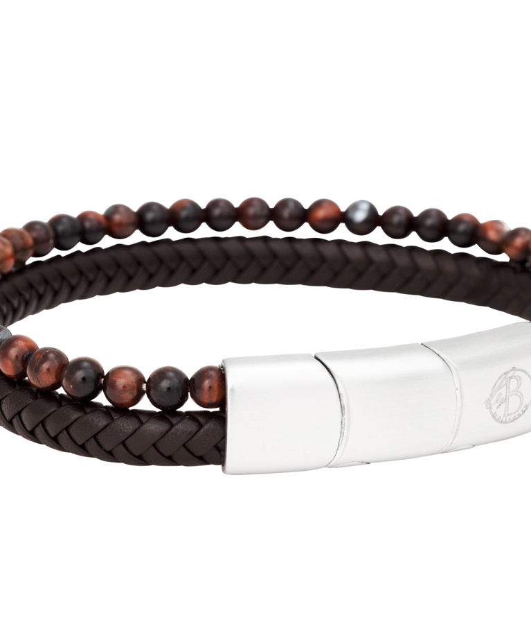 Stålarmband brunt läder med glansiga bruna beads