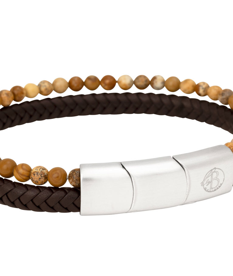 Stålarmband brunt läder med matta beige beads