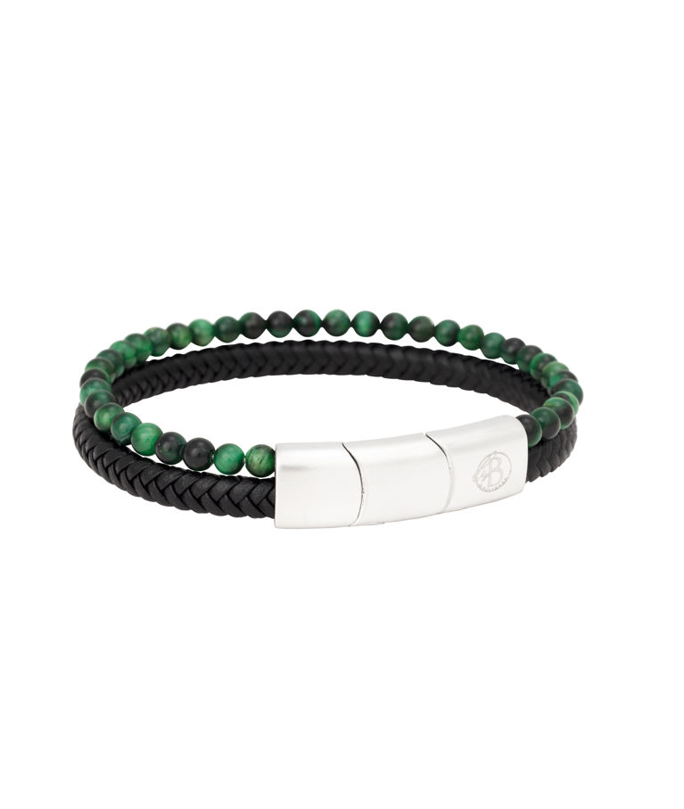 Stålarmband svart läder med gröna beads