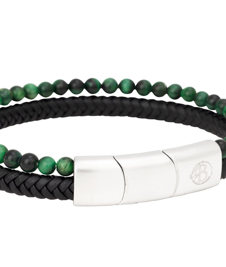 Stålarmband svart läder med gröna beads