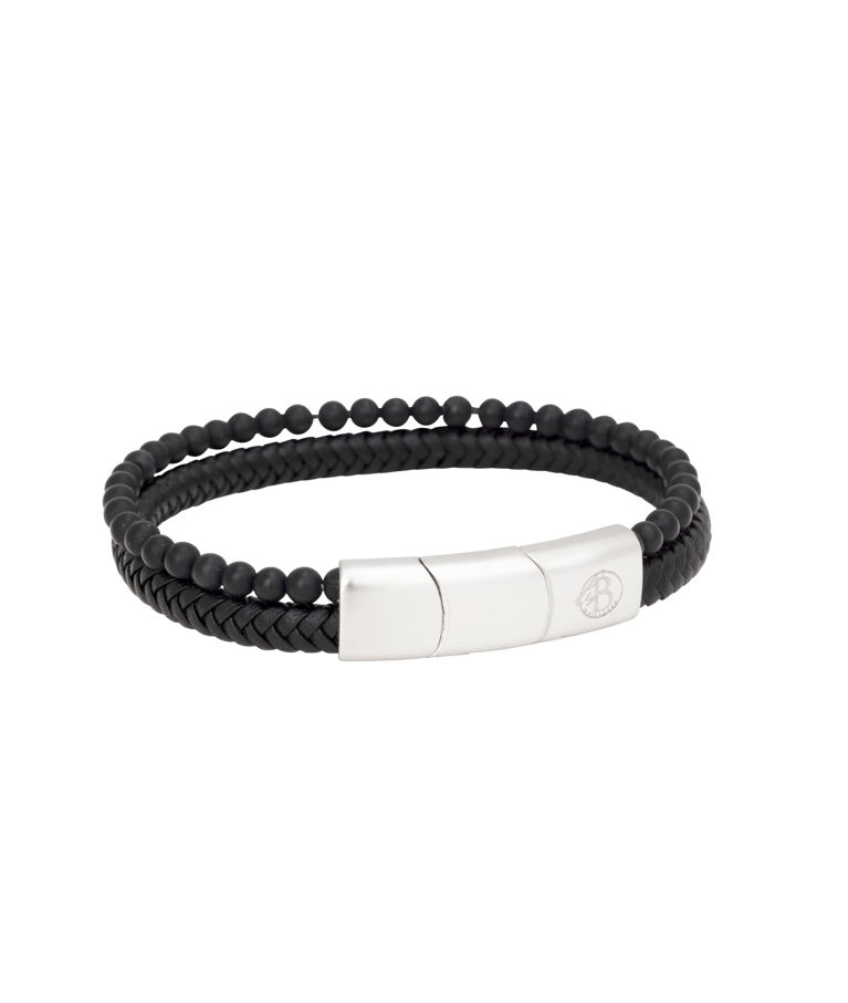Stålarmband svart läder med svarta beads