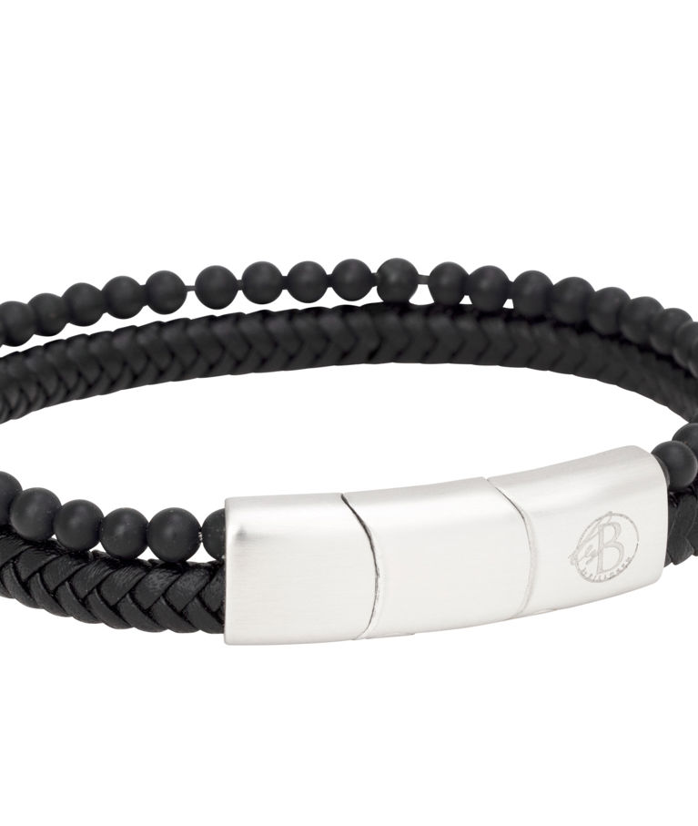 Stålarmband svart läder med svarta beads