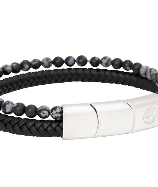 Stålarmband svart läder med grå/svart beads