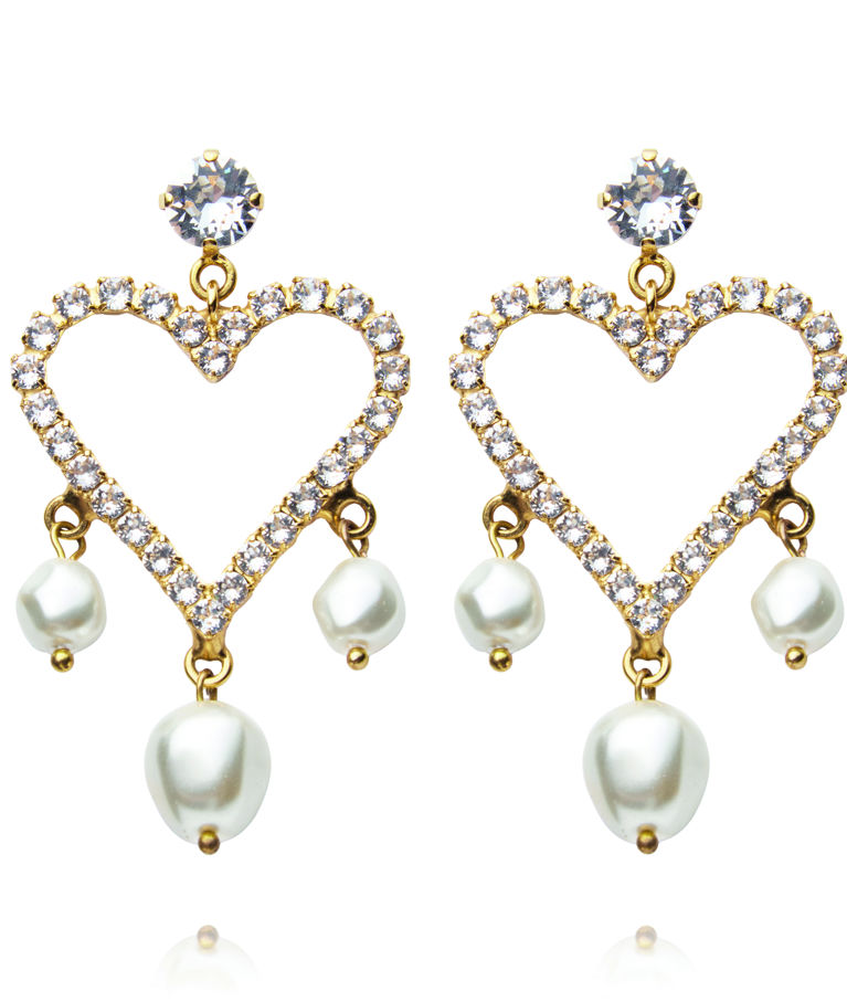Mässingörhänge Heart Pearl Crystal gold