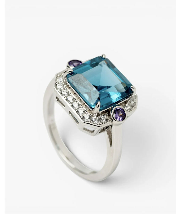 Silverring Akvamarin Safir, cz & Ametist SIZE 56