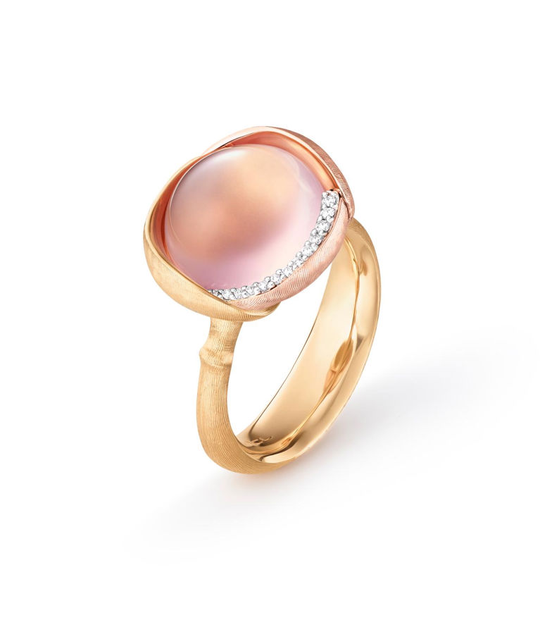 18k gg/rosé ring Lotus 3 rosenkvarts+dia tot 0,05ct tw/vs CC