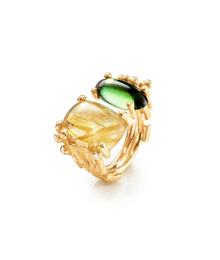 18k rg ring BoHo 11x15 Rutil & 6,7x14 Turmalin, 0,04ct TW/VS