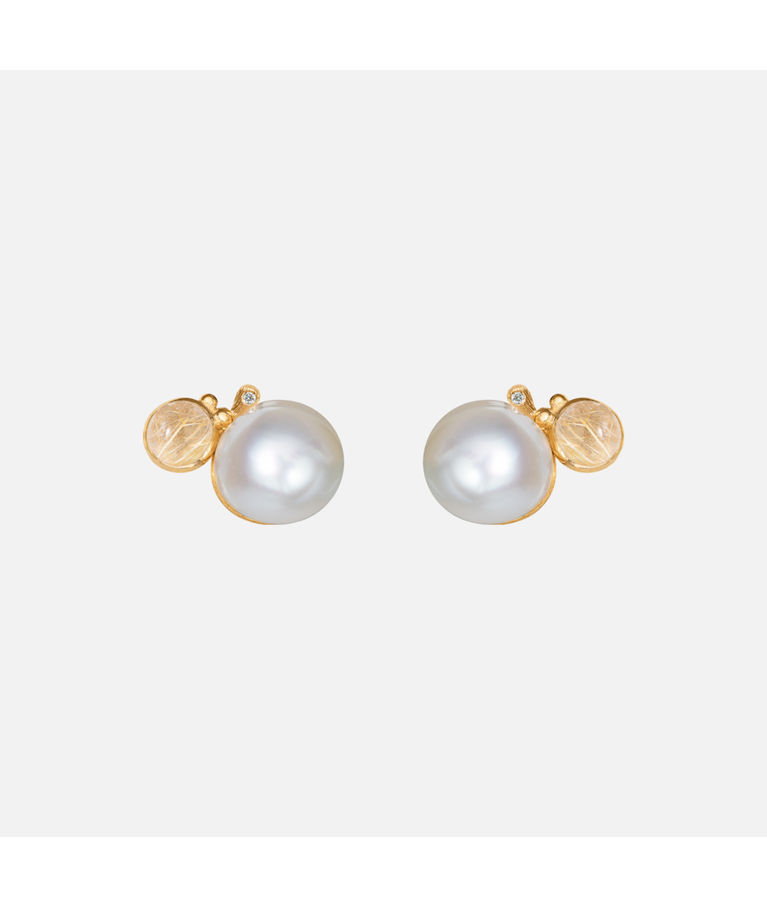 18k gg örhängen BoHo Rutil 6mm, sötv. pärla 0,02ct
